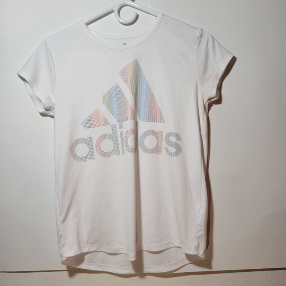 Kids White Adidas ss Iridescent logo design on front S XL fits like womens xs - Picture 2 of 5